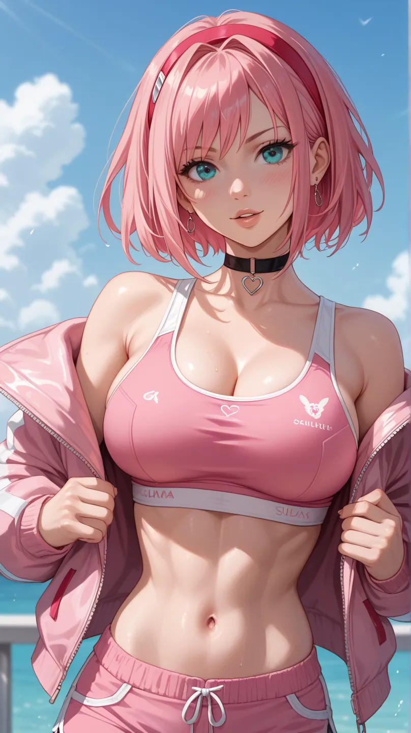 Haruno Sakura with long, wavy black and pink hair, wearing a pink leather jacket and a white sports bra, showcasing a confident and seductive expression. the subject, a young woman, is positioned in the middle of the image, with her upper body facing the v...