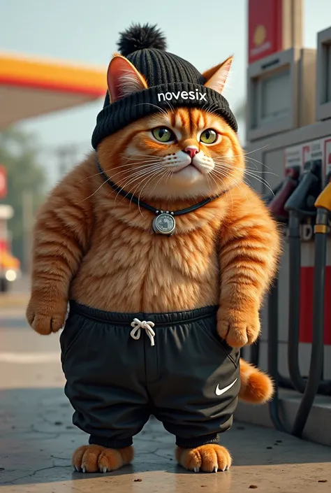 A fat orange cat wearing a black knitted hat with NOVESIX written on it and black Nike pants, He was filling his motorbike with petrol SHELL name. ultra realistic, ultra graphic, very detailed, 4k.