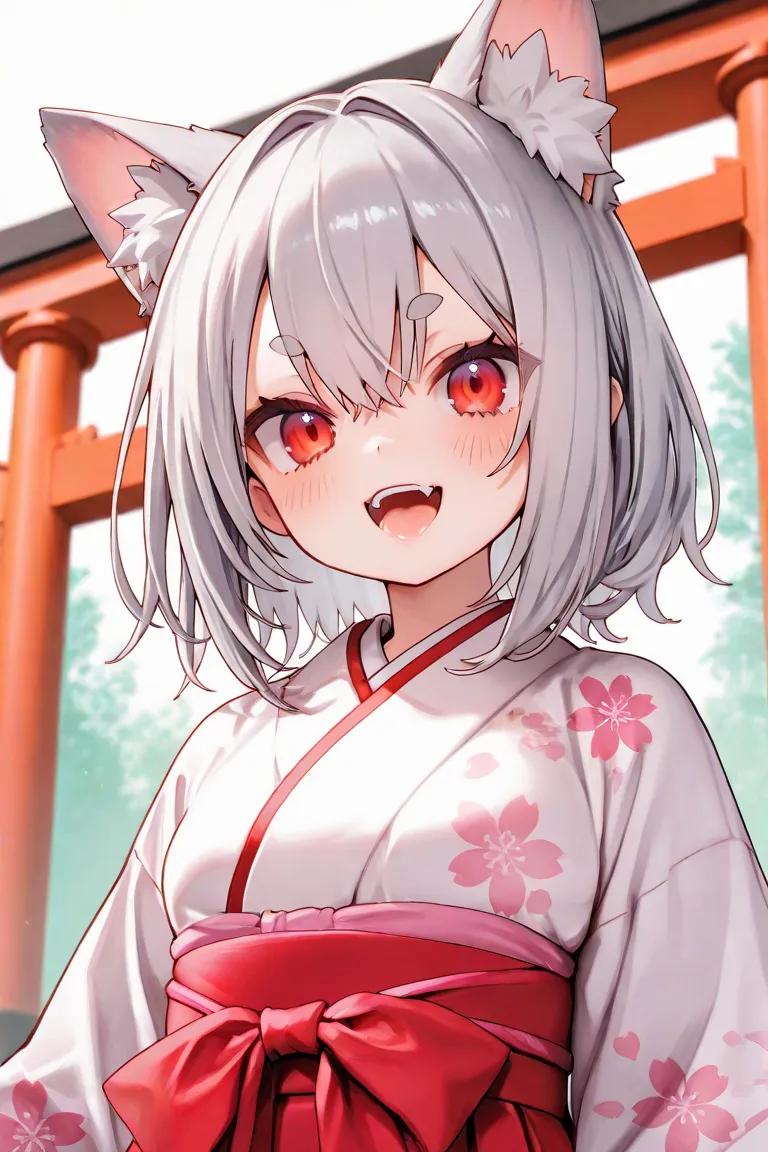  girls on the left、cute、Wearing a kimono、fox耳、 Silver Hair、 red eyes、Round eyebrows、short、is young、Inari、shrine、torii、I'm wearing a shrine maiden suit 、Sunbathing、fox、God、 hair is long、Open your mouth a little、The bell is on、fufufu、 sunshine、気持ちよさそうにSunbat...