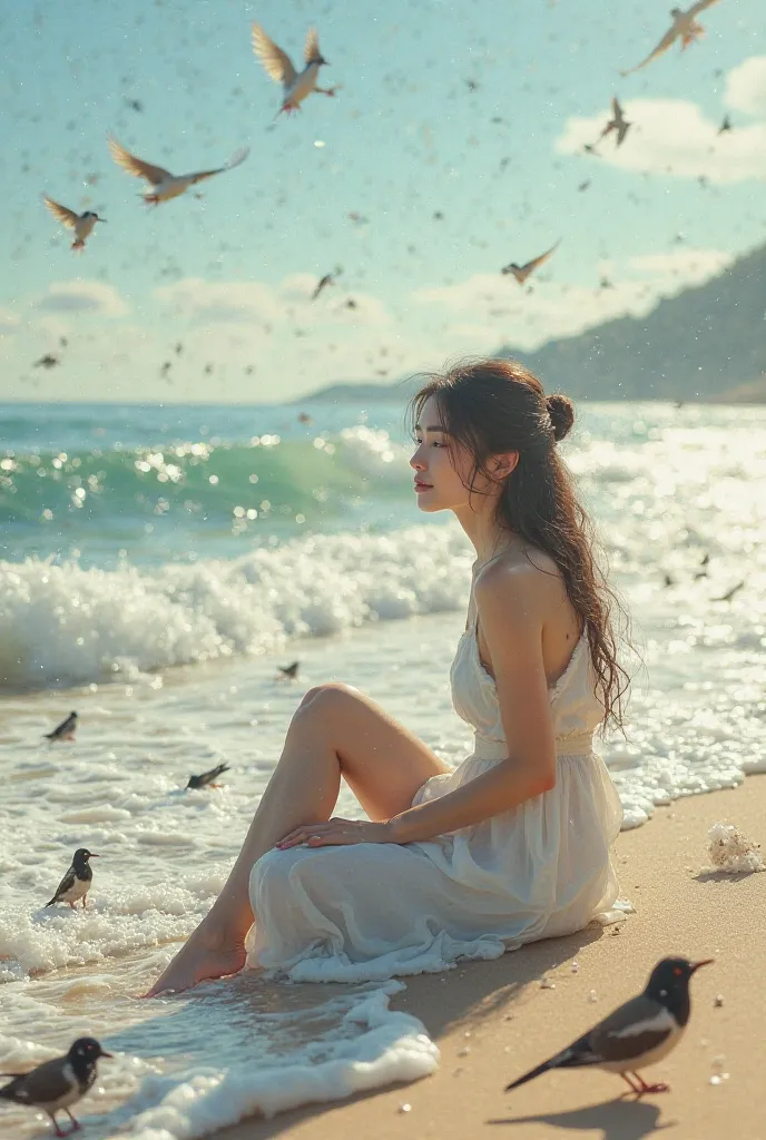 Woman sitting on the beach surrounded by waves and lots of little birds 