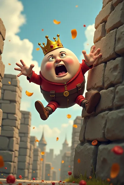 "King Humpty Dumpty suddenly losing balance and falling off the high stone wall! His crown flies off his head as he tumbles through the air. The scene captures the moment before he hits the ground, with a shocked expression on his face."
