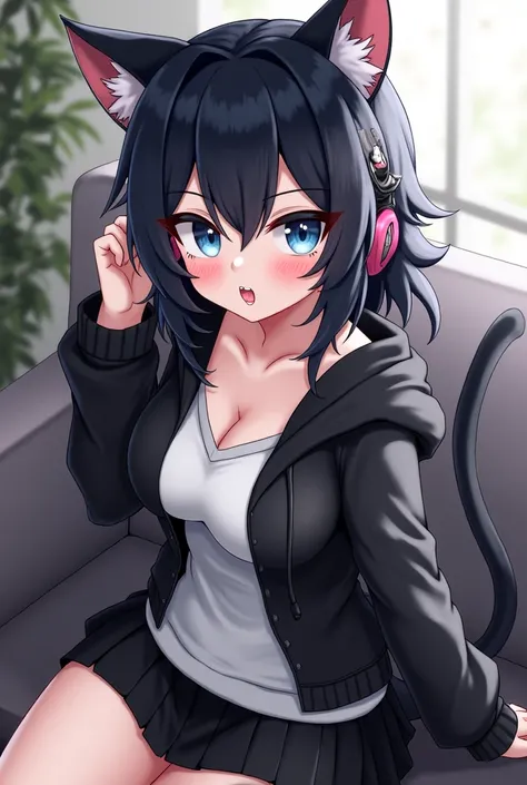 Cat girl.with branchy black hair,  blue eyes, of medium height, open mouth, Breasts,   Reddish,   smirk, drool, Sitting with headphones , hair clip, black and white hoodie and black skirt,  chelka. 