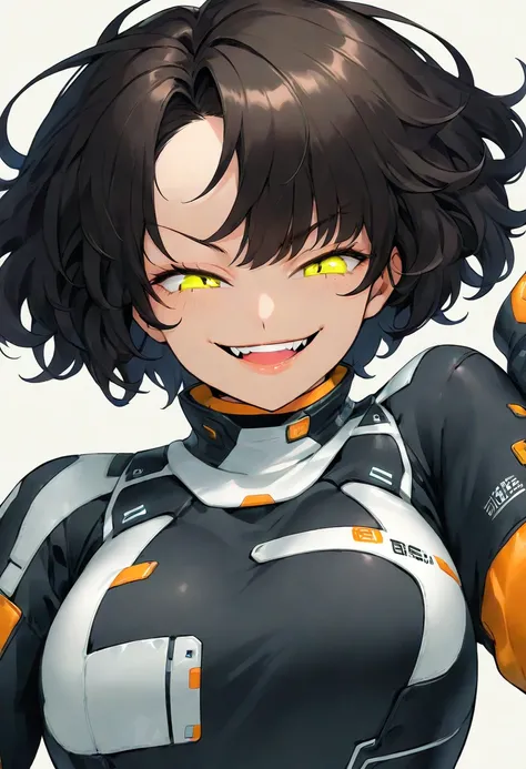 Shorthair Woman with Fluffy Hair,   Head Leaning Back ,  smile, teeth,    back header   ,   open your mouth  , Smug eyes, Cool illustrations,  Tech Wear Outfit,  face up