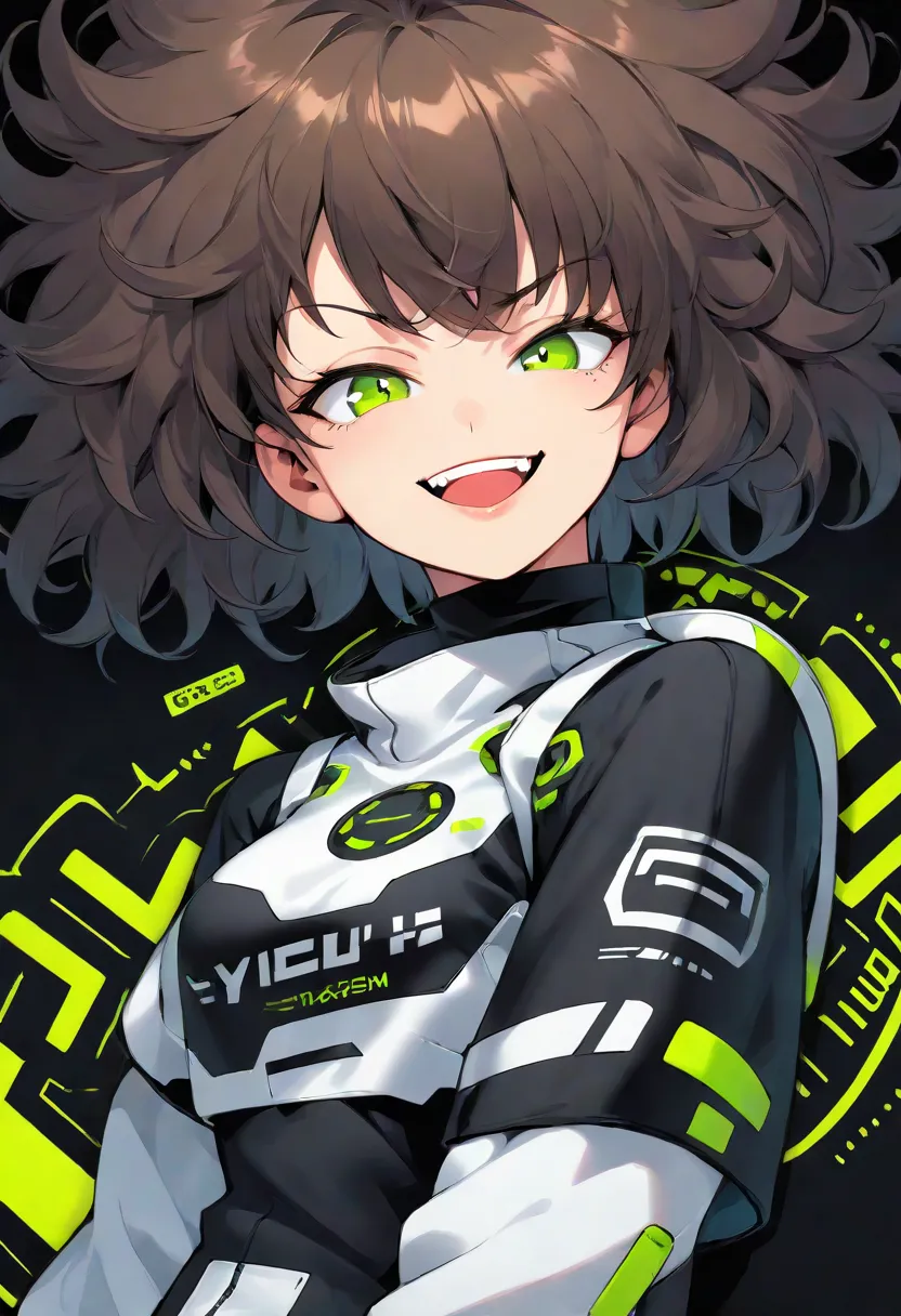 Shorthair Woman with Fluffy Hair,   Head Leaning Back ,  smile, teeth,    back header   ,   open your mouth  , Smug eyes, Cool illustrations,  Tech Wear Outfit,  face up