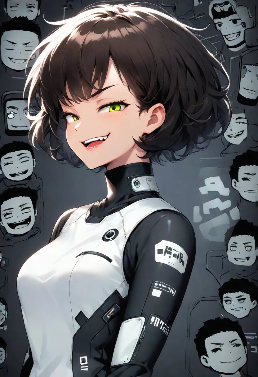 Shorthair Woman with Fluffy Hair,   Head Leaning Back ,  smile, teeth,    back header   ,   open your mouth  , Smug eyes, Cool illustrations,  Tech Wear Outfit,  face up