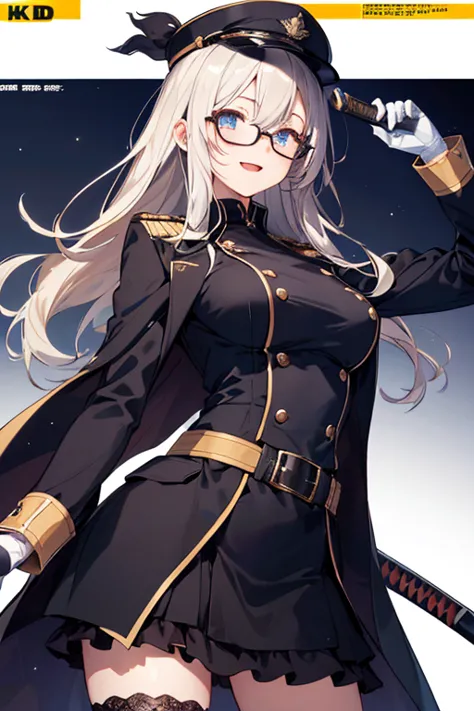 (from below:1.2, best quality ), girl , Platinumbrown color hair military uniform , The dreamer wants purplish blue eyes ,(small breasts:1.0), Lori will do it, (masterpiece:1.2, best quality ), (Beautiful detailed depiction : 1.2), ( beautiful detailed fac...