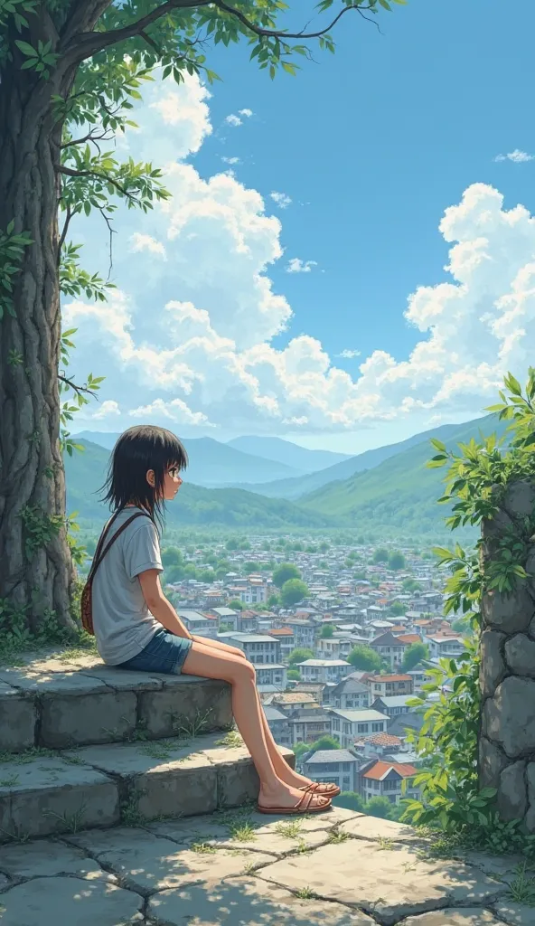 Admire the cityscape from the stone steps on a hill、blue sky、A girl is sitting on a stone step、The townscape is a simple residential area