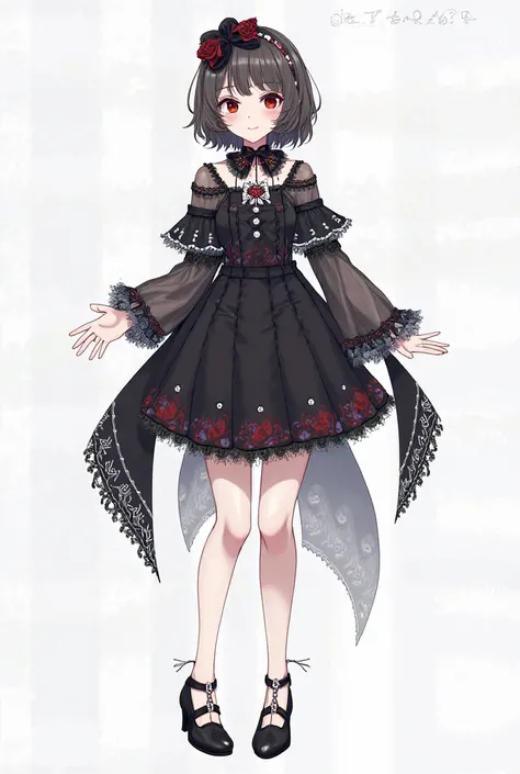 
A young girl who looks like a junior high school student

---

Lunaris gothic costume（suggestion）

1.  dress：

Basic Color：黒andダークパープルのツートンカラー。黒がBasic Colorで、ダークパープルのディテールがandころどころに入る感じで。

silhouette：腰から広がるAラインの dress。while maintaining、not too wide, but、フ...