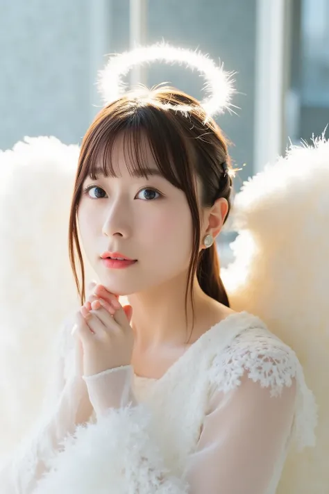  「Portrait of a Japanese woman cosplaying as an angel。she spreads white angel wings on her back、she wears a ring of light on her head。has an elegant and sacred atmosphere、soft light shines around her。The woman's face is calm、Smiling。the background is light...