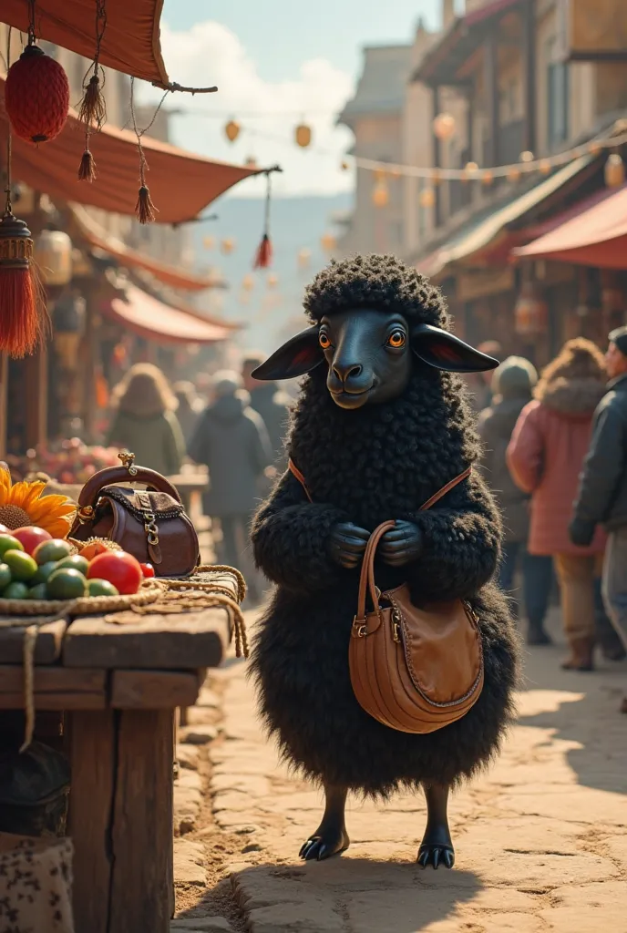 The black sheep goes to the market selling fur bags