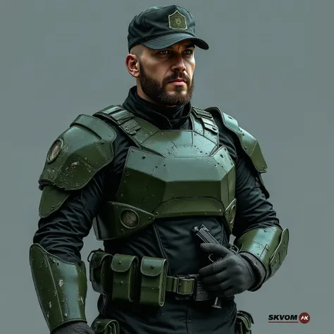 Futuristic senior officer in dark green ballistic armor (with light scuffs and scratches), cap with an unobtrusive military logo,  short beard and mustache ,  determined look , Conceptual Style (concept art), semi-profile, cinematic lighting, 8k, hyper-rea...