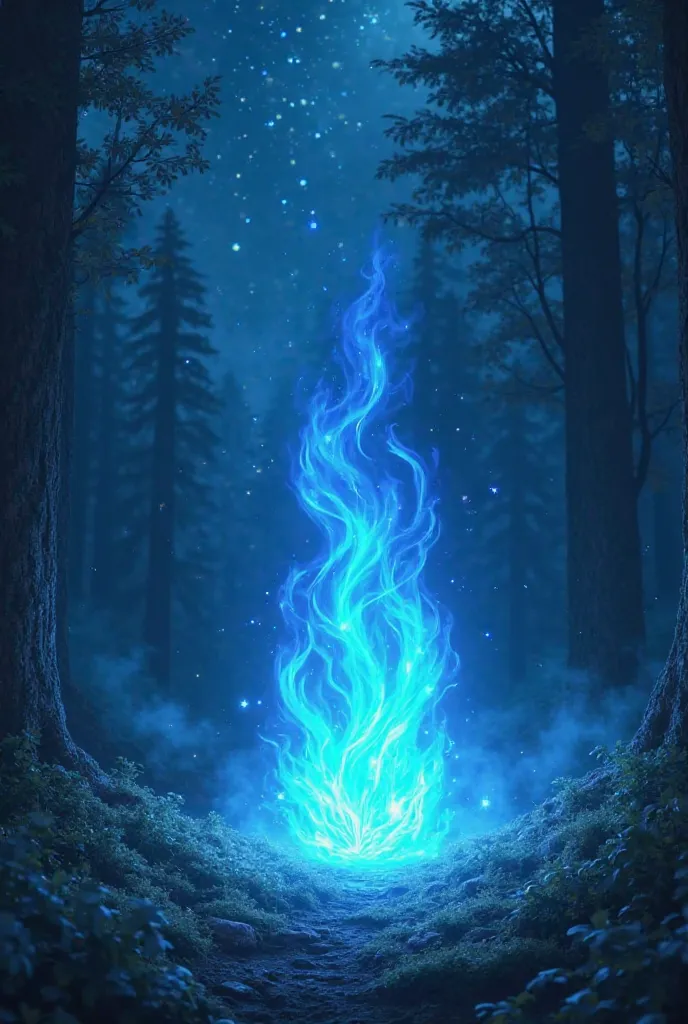 Blue fire in a forest at night