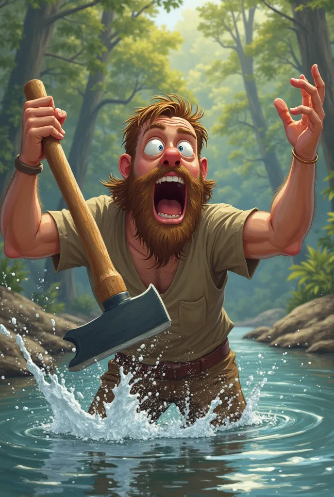 The woodcutter accidentally drops his axe into the river. His hands are raised in surprise, and his eyes are wide open. The axe is shown mid-fall, making a "SPLASH!" in the water. The river has gentle ripples.

