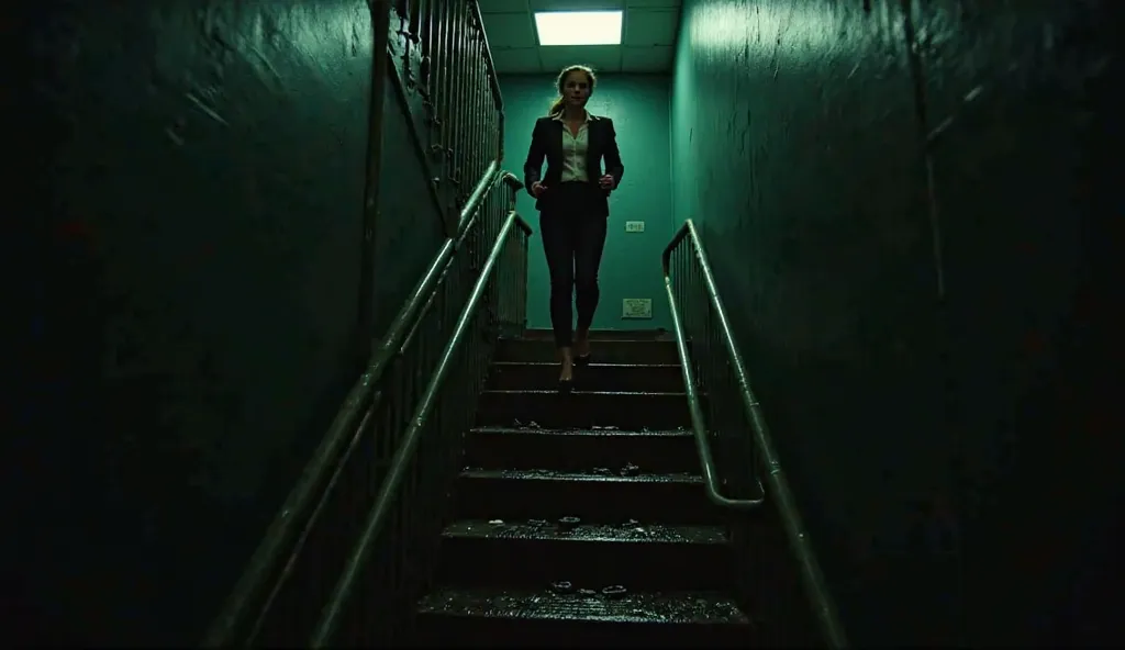  "A dark, cavernous stairwell in an old office building, lit only by the weak, green glow of emergency exit signs. Cold metal railings spiral downward into thick blackness. A woman in a business suit runs up the stairs, her heels echoing in the hollow sile...