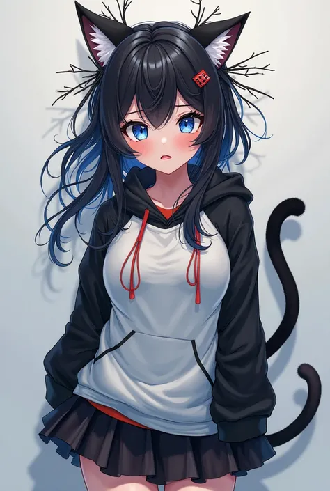 Cat girl.with branchy black hair,  blue eyes, of medium height, open mouth, Breasts,   Reddish,   smirk, in headphones, hair clip, black and white hoodie and black skirt,  chelka. 