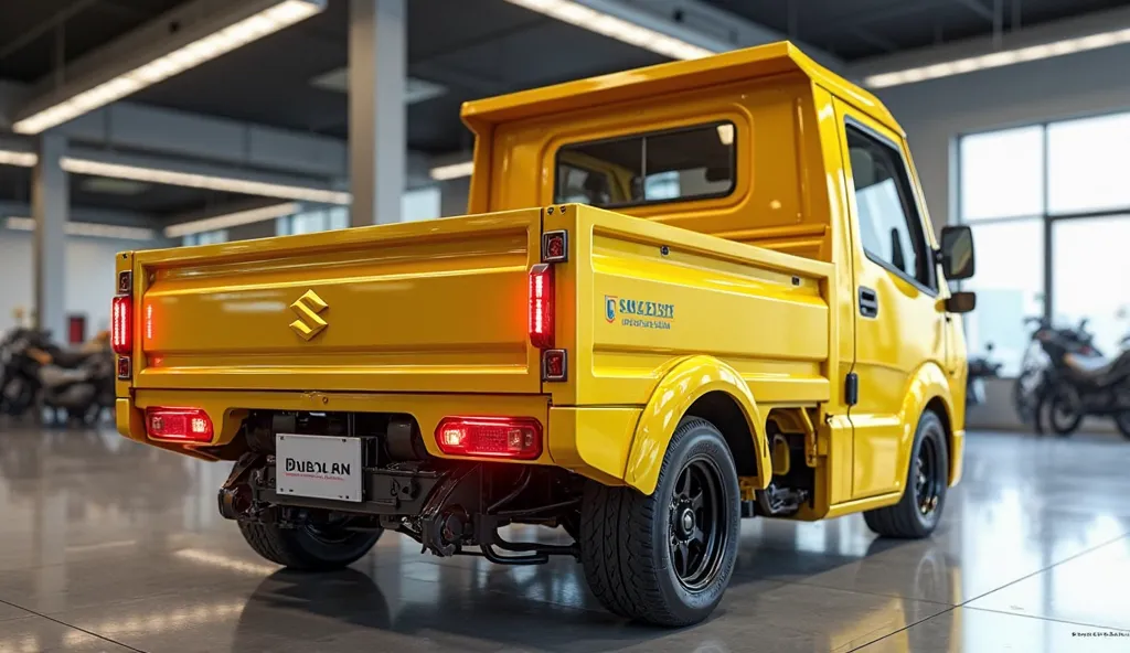 3D render of a heavily modified (2025 Suzuki super carry 1 ;3 ;1;3)in small truck (yellow)colour, (full back view) The car features closing doors, ultra-high-detail glossy and shiny modifications, including sleek add-ons. The () logo is prominently display...