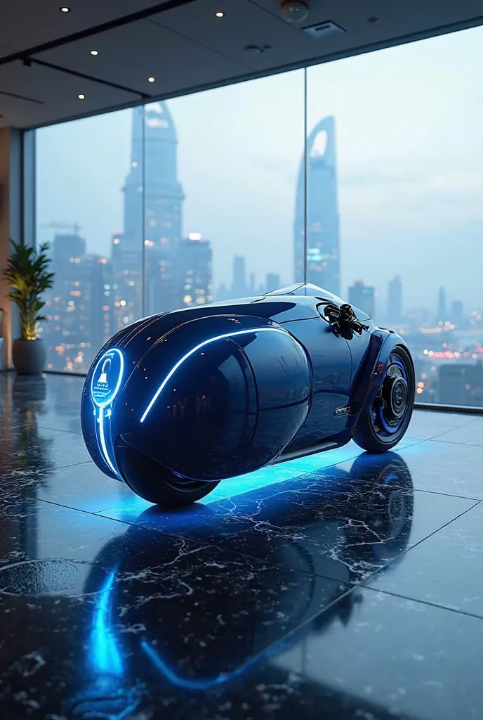 "In a showroom overlooking a futuristic coastal city, a sapphire blue Mercedes concept motorcycle floats elegantly above a black marble floor. Onyx black accents run along its aerodynamic frame, resembling ocean currents cutting through the depths. The sof...