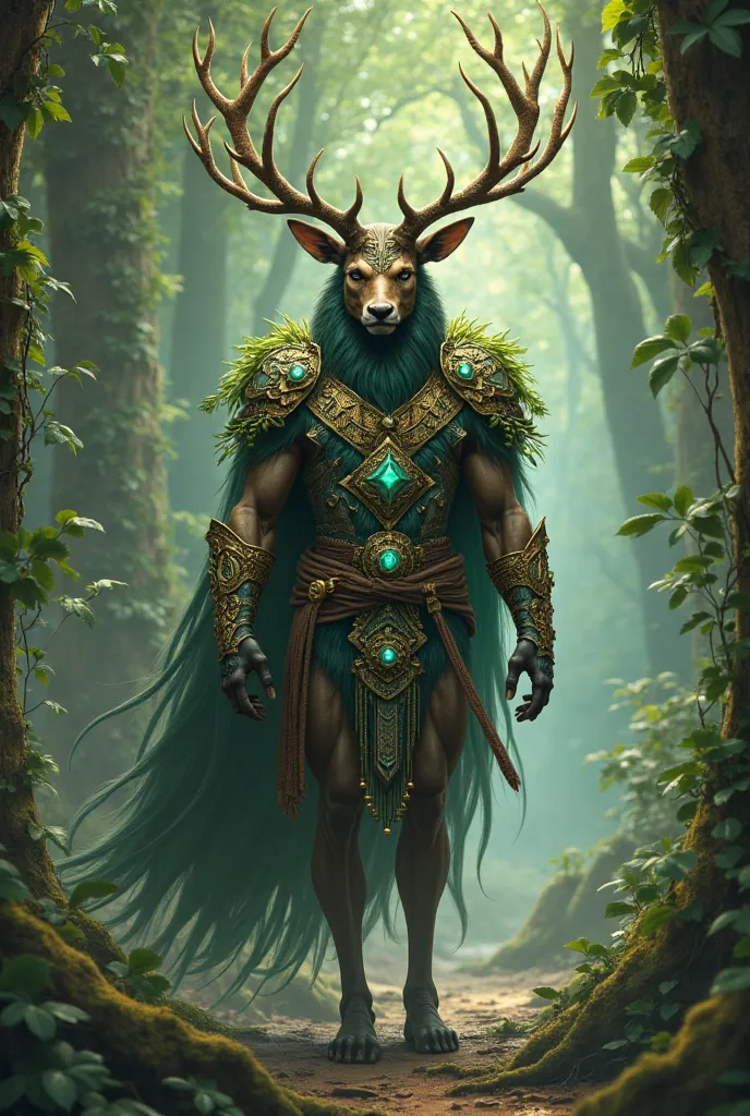 A tall, noble Beastkin with the features of a stag, standing in an ancient, enchanted forest. His body is humanoid yet covered in sleek, short fur with a deep brown and emerald tint. His face retains regal stag-like features with glowing jade eyes, and his...