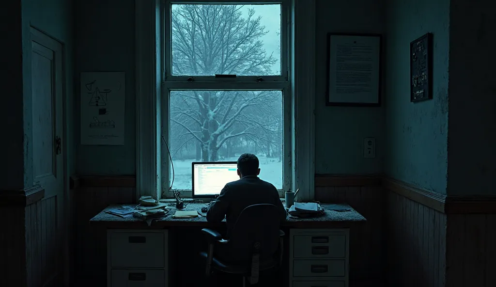  "A small, dimly lit office on the fifth floor of an old building at night. A lone man sits at a desk, hunched over a glowing monitor, surrounded by shadows. Outside the window, a fierce blizzard rages, snow slamming against the glass, blurring the world b...