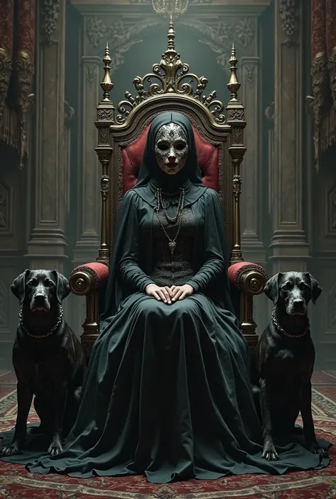 woman in mask on throne with two dogs