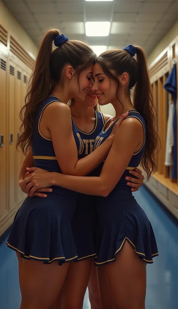 A group of cheerleaders , stands in the locker room , cuddle 