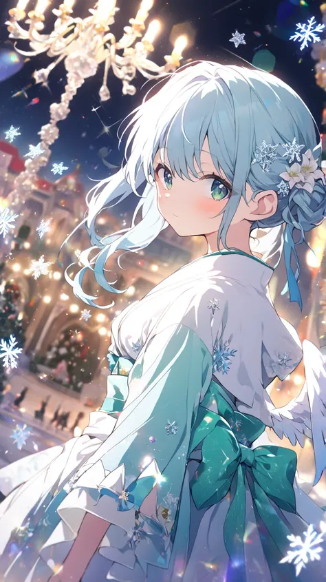 1 girl, Angel、 Snowflakes、palace、Lily flower、greenい目, green/light blue hair tied at the top、Angelの羽、Angelの輪、Accessory, Wide angleショット, Wide angle, Dutch Angle, glitter effect, blurred background, lens flare, 