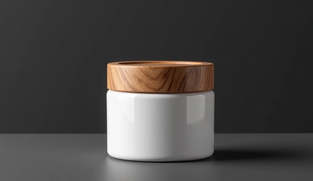 "A modern, minimalist cosmetic jar design featuring a glossy white base and a wooden-textured lid, set against a dark gray background. The combination of natural wood and smooth white creates an elegant and eco-friendly aesthetic, perfect for high-end skin...