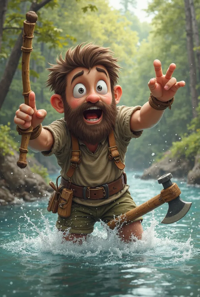 The woodcutter accidentally drops his axe into the river. His hands are raised in surprise, and his eyes are wide open. The axe is shown mid-fall, making a "SPLASH!" in the water. The river has gentle ripples.