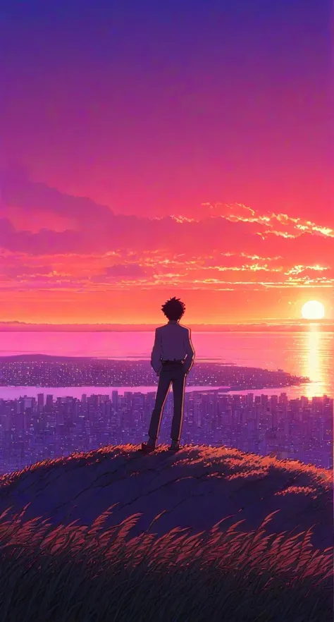 there is a man standing on a hill overlooking a lake and city front of red sunset style of makoto shinkai, ( ( makoto shinkai ) ), makoto shinkai style, makoto shinkai cyril rolando, rio de janeiro in an anime film, in style of makoto shinkai, makoto shink...