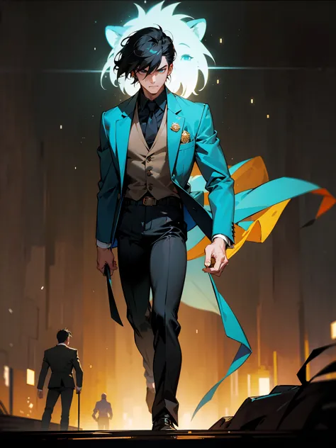 1male, Adult, cinematic still shot, 80s Blazer Jacket, Black pants with a Lion belt buckle, Dark black hair with cyan tips, Studio lighting, Bokeh, Masculine, Standing on Path