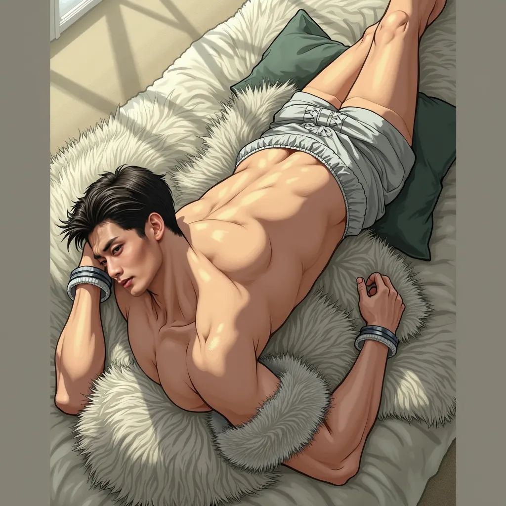 Japanese muscular young handsome man lying down with his hands and legs extended on a luxurious fur bed、wear luxurious fur briefs、Make the bed luxurious and delicate fur、put fur shackles on the man's wrists。 not an illustration but a live action