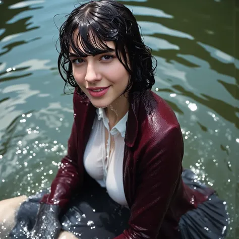  Profile Photos. Cheeky beautiful 18 year old student, (bob haircut)  she decided to swim in the pond fully dressed. wearing a white blouse, long burgundy cashmere coat, grey pleated skirt,  dark tights , boots,  worn , the coat sits unbuttoned in the wate...