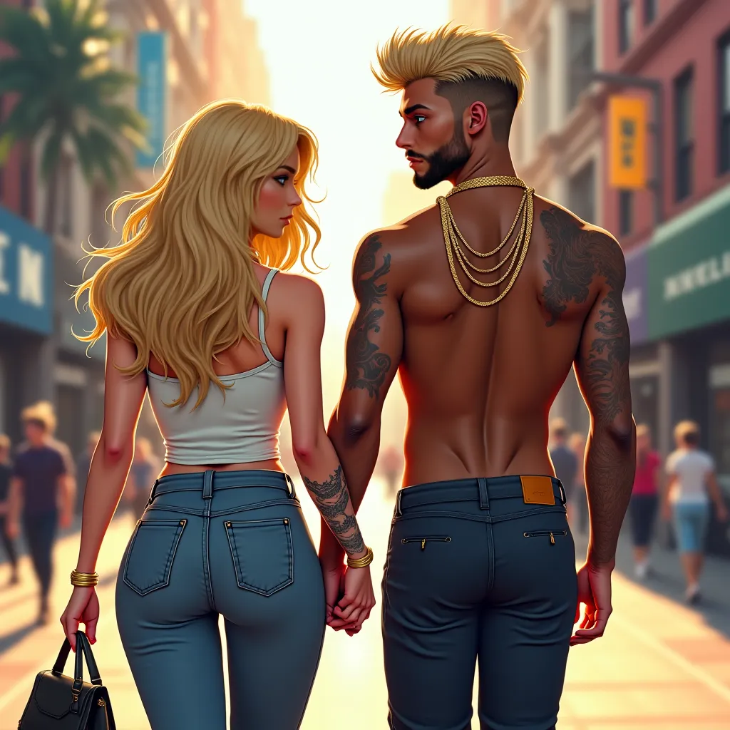 Girl and boy short beard very handsome fair white skin and brown skin 30 years old walking on the street tattoo gold chains body big breast and big ass blue eyes white hair and long blonde 