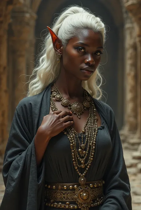 Upper body shot, African woman, pointed elf ears, dark skin, white hair, closed mouth, ancient elven noble outfit, elven jewelry, dynamic pose, complex fantasy character, NSFW, cinematic lighting, fantasy, magic, detailed background, in ancient elven palac...