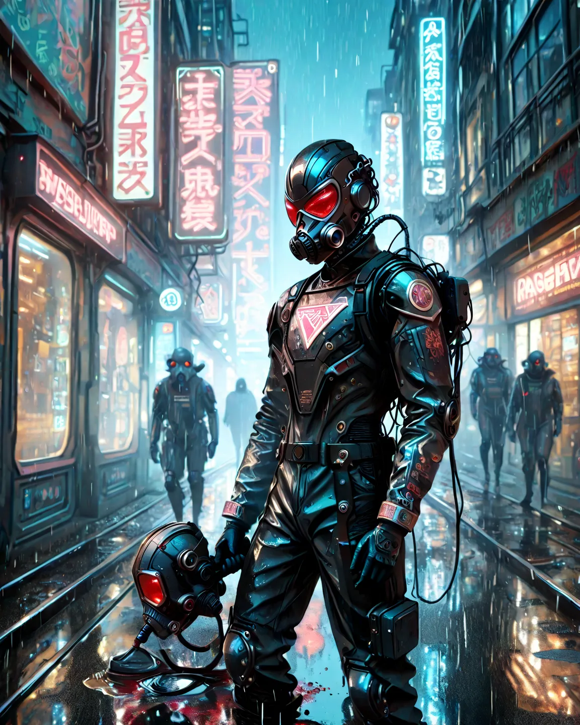 cyber punk，Cute Armed Girl，bob，Blood on the face，neon sign，downtown at night，A lot of neon signiscellaneous，night rain，get wet in the rain，Reflected in a puddle，Mechanical Townscape，neon sign on a mixed-use building，Electric wires are strung all over the p...