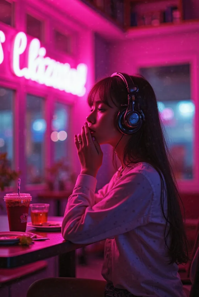 Color scheme and atmosphere

Neon Light

Pink-purple

Night Reflector

Cafe atmosphere

Retro-futuristic style


characters

Girl wearing headphones

Stressing alone or listening to music

Dress in street style or modern fashion

Sitting at the table