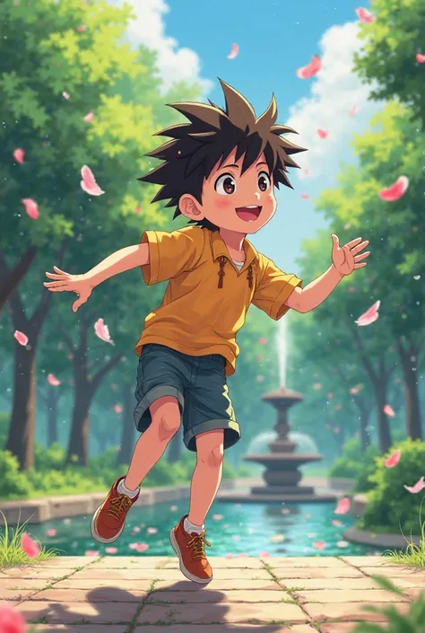 Create an image of a boy dancing in a park in anime styles
