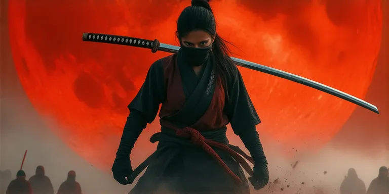 a person dressed as a ninja, wearing a vest, holding a very long katana weapon. in his vest there are other ninja equipment such as kunai, kusarigama, suriken. behind it is a large, bright red moon. raised his sword. and around him he was surrounded by nin...