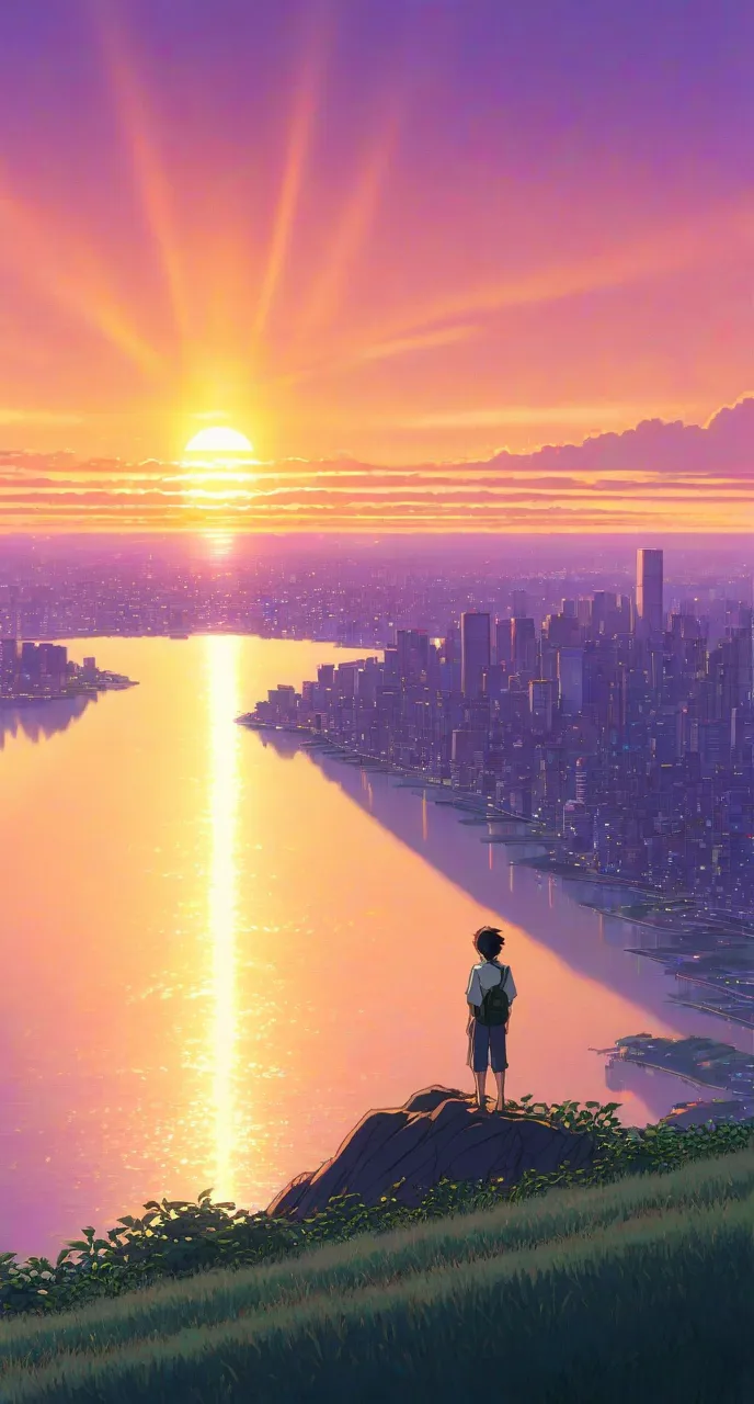 there is a man standing on a hill overlooking a lake and city front of yellow sunrise style of makoto shinkai, ( ( makoto shinkai ) ), makoto shinkai style, makoto shinkai cyril rolando, rio de janeiro in an anime film, in style of makoto shinkai, makoto s...