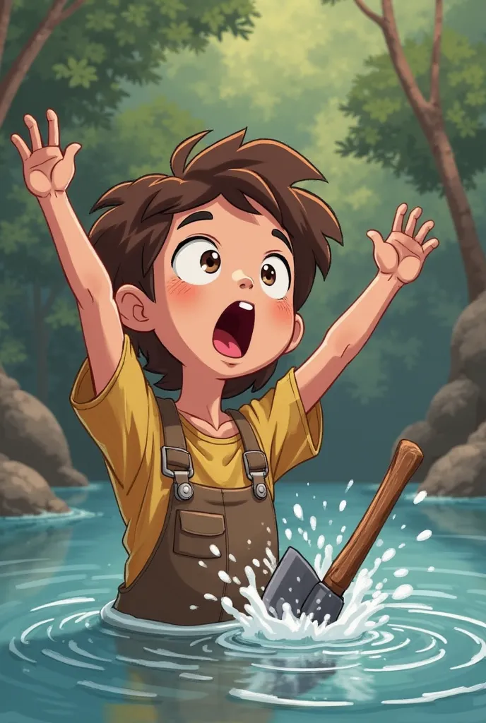 Girl wear The woodcutter accidentally drops his axe into the river. His hands are raised in surprise, and his eyes are wide open. The axe is shown mid-fall, making a "SPLASH!" in the water. The river has gentle ripples.