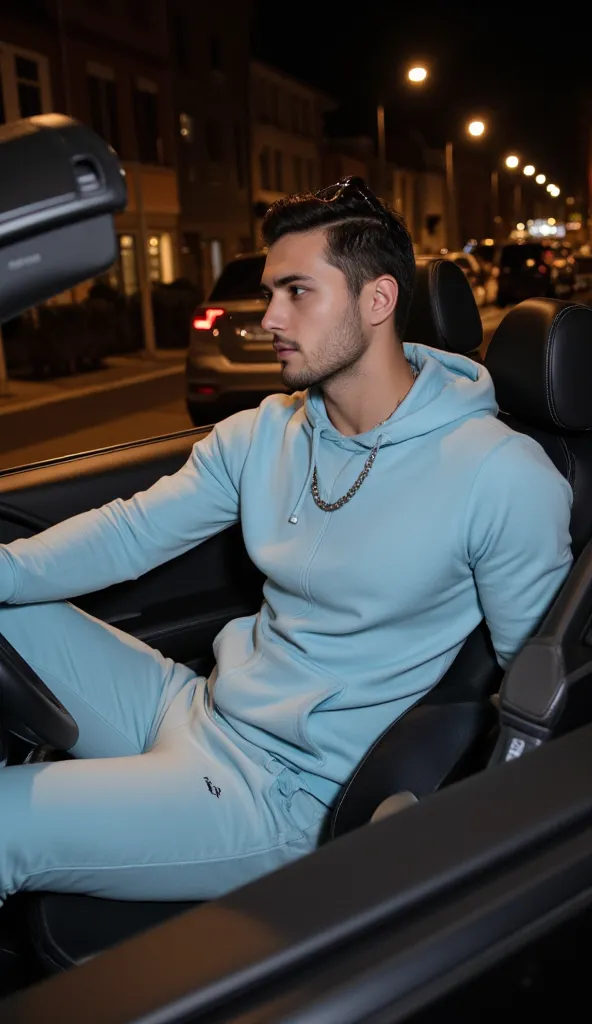 a handsome young turkish guy with muscle, dark very short hair fade middle parting and goatee beard  he wearing a light babyblue hoodie and a joggingpants in light babyblue and a and a thin silver chain and a small prada sunglasses is on his head  he is in...