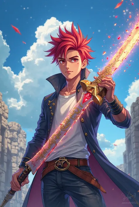 "A stunning anime-style illustration of a young male warrior blacksmith with spiky red hair, standing heroically under a bright blue sky filled with glowing clouds. He wields a powerful enchanted sword with intricate glowing runes and a red gemstone embedd...