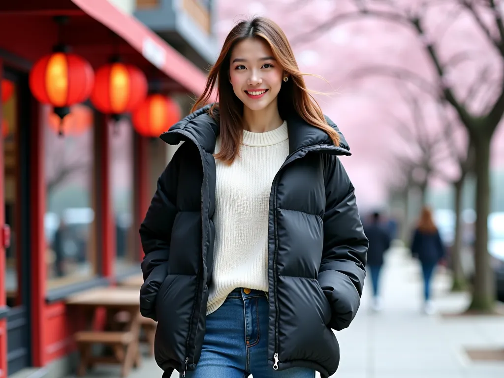 ( of the highest quality、desktop、 8,000、best image quality、 Award-winning works )、a beautiful lady、Oversized black down jacket、 blue denim pants，White sneakers：1.1，alone、Perfect beautiful composition、Perfect fit、( full body shot :1.1)、( emphasizes body lin...