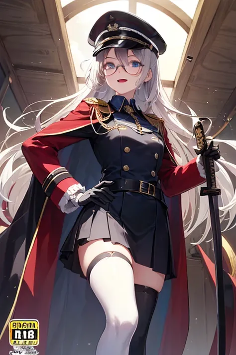 (from below:1.3, best quality ), girl , Platinumbrown color hair military uniform , The dreamer wants purplish blue eyes ,(small breasts:1.0), Lori will do it, (masterpiece:1.2, best quality ), (Beautiful detailed depiction : 1.2), ( beautiful detailed fac...