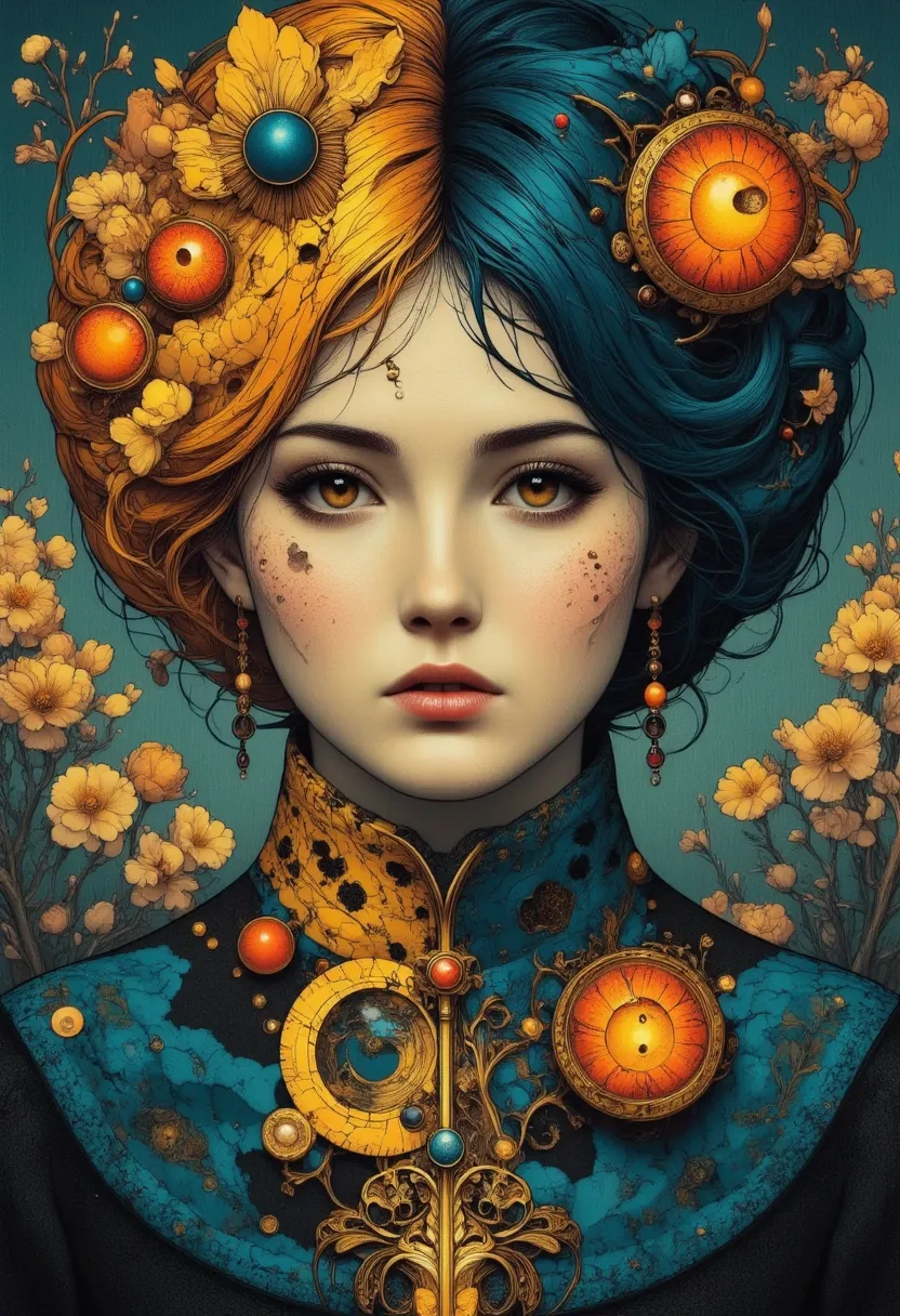 A woman's face peeking out of a dense thicket. Stylization. Intricate details, bright colors, surreal art, fantasy, digital painting, high detail, spectacular lighting, Art Nouveau elements, ornament, leaves, blue and gold accents, mysterious, elegant styl...