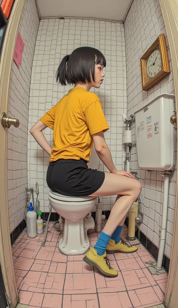  fisheye、Picture of a woman running a marathon,  yellow shirt、inspired  by Thomas Hanukkah ,  street casual、  by Thomas Hanukkah , by Kamisaka Sekka, inspired by Jamie Hewlett, Singay, by Jamie Hewlett, Kang Hae-eun , anime girl sitting on the toilet,   Ot...