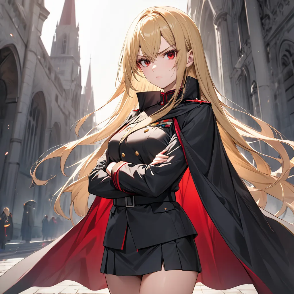 High resolution, high quality, HD, beautiful female, 1 female, beautiful, ager, serious, medium breasts, long straight hair, blonde hair, scarlet red eyes, black military uniform, black cape, short skirt, cross arms, black boots