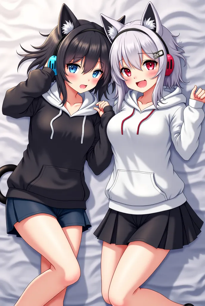 2 cat girls lying on the bed,  Anime style. one: with branchy black hair,  blue eyes, of medium height, open mouth, Breasts,   Reddish,   smirk, fangs,  сидит in headphones, hair clip, black and white hoodie and black skirt,  chelka. Second : Branched silv...