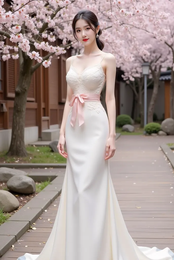 a woman standing elegantly in an outdoor setting adorned with cherry blossoms. She is wearing a fitted, ivory-colored gown featuring delicate floral lace details on the bodice and a soft pink bow around her waist. The dress has thin straps and flows gracef...