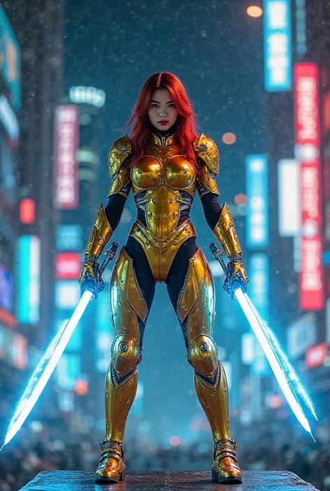 A young Asian woman, positioned in the center of the image, stands on a raised platform. He wore a gold-colored, futuristic, armored suit designed like a mechanical samurai outfit. The suit has metallic accent details and features glowing blue energy blade...